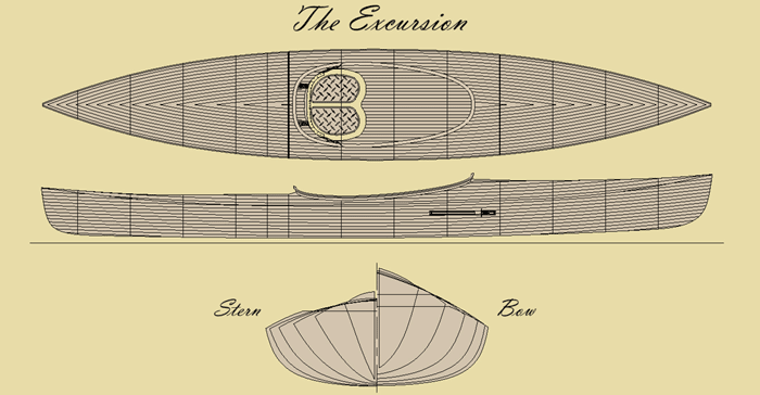 A drawing of the front and side views of an excursion boat.