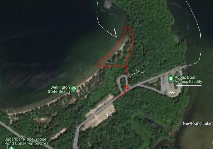 A map showing the location of a trail near a body of water created by Newfound Woodworks.